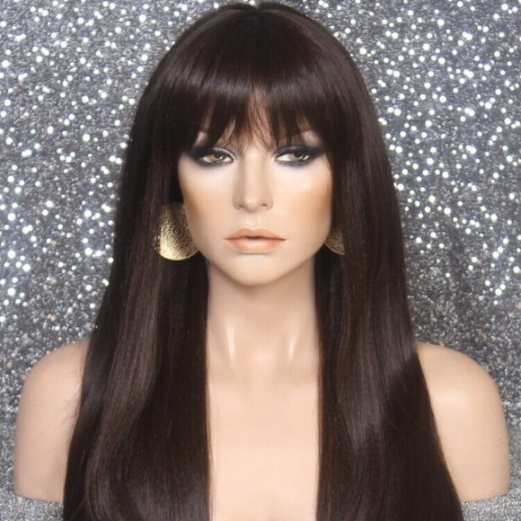 jennyshairsense Hair Human Hair Blend Long Dark Brown Wig Bangs Wig